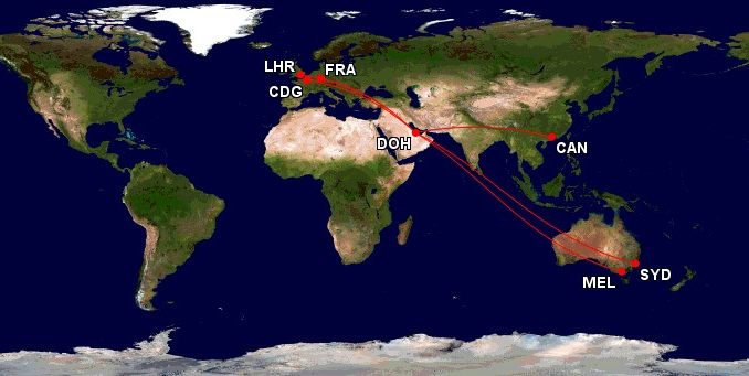 qatar_airways_airbus_a380_first_class_ziele Qatar Airways A380 Ziele mit First Class. Map: gcmap.com
