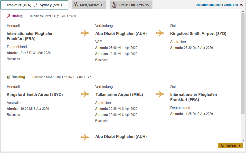 Deal In Der Etihad Business Class Frankfurt Sydney Fur Ca 1 800 Frankfurtflyer De