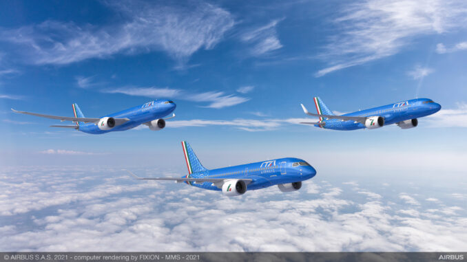 View from the airplane to the sky above the Alps mountains. Blue sky with clouds. Background.